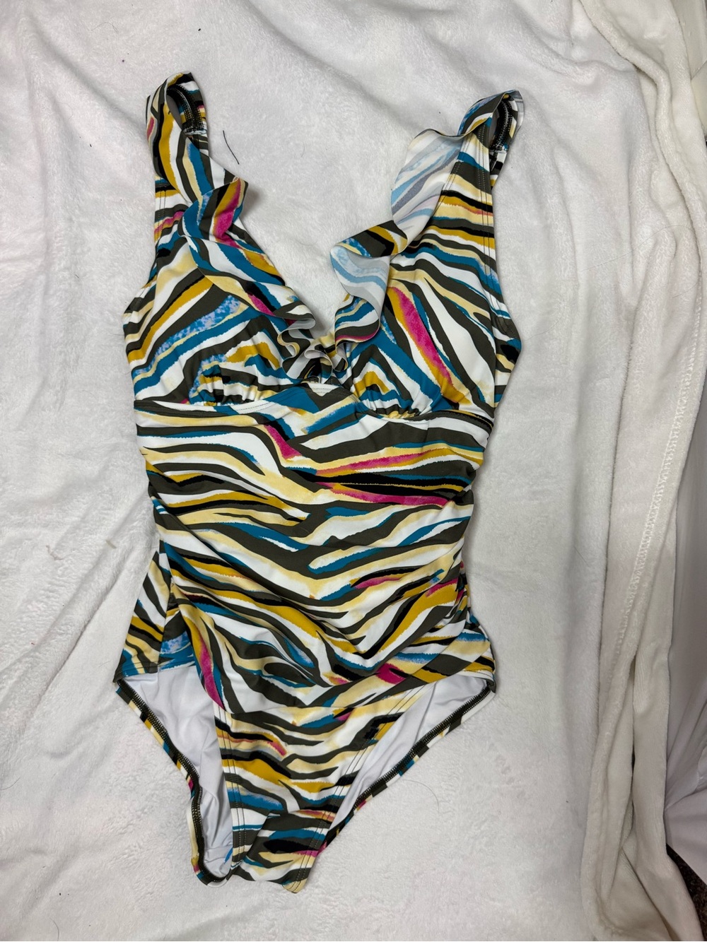 DKNY Multicolor Zebra Striped One Piece Swimsuit - Teal, Yellow, Pink, Black